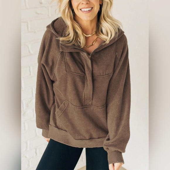 Half Zip Kangaroo Pocket Long Sleeve Hoodie - Picture 1 of 6